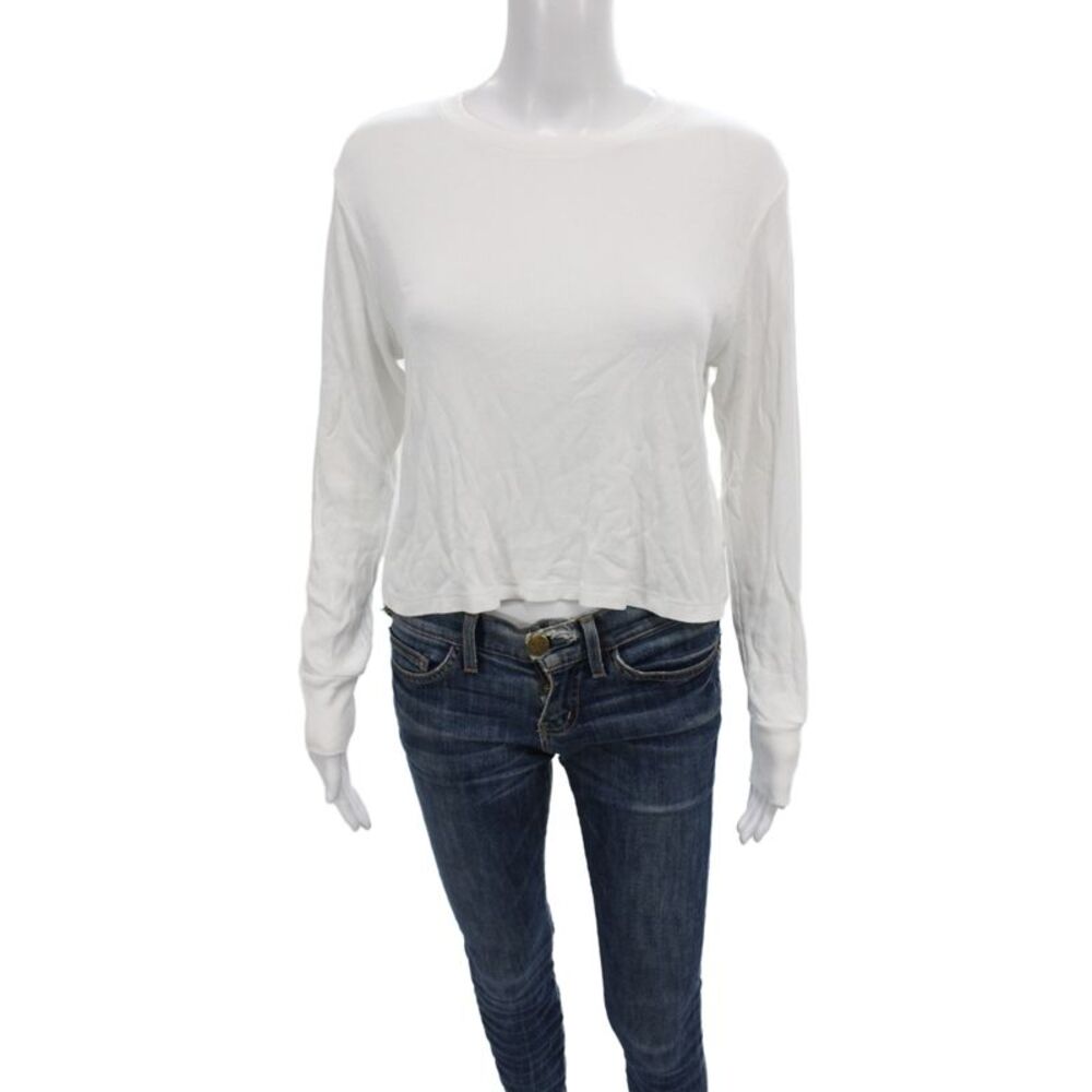 LNA Womens Basic White Crew Neck Long Sleeve T-Shirt Pullover Rayon Size M